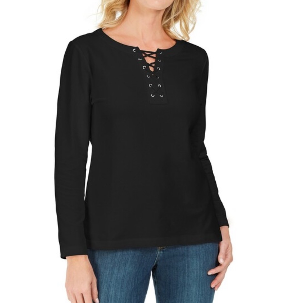 Karen Scott Lace Up French Terry Sweatshirt